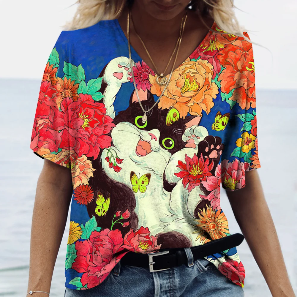 NewWomensTShirtSummerVNeckShortSleeveTeeShirtKawaiiFunny