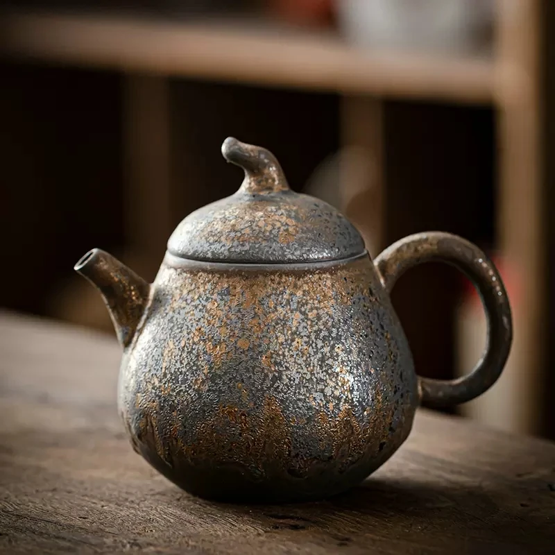 Chinese style retro stoneware persimmon shape hand-held teapot, handmade pottery kiln, personalized tea maker