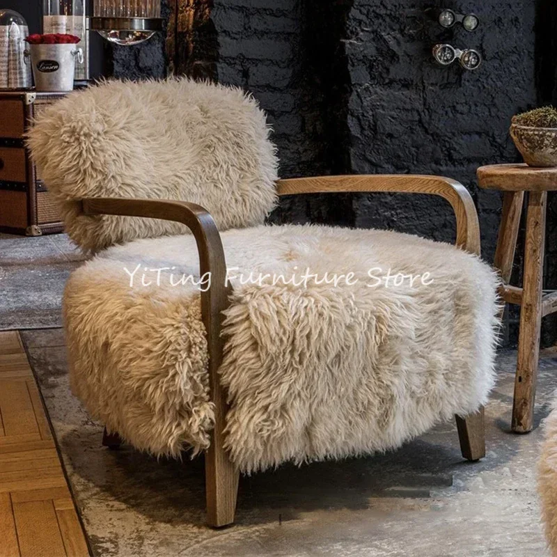 Nordic Solid Wood Imitation Wool Leisure Living Room Chair Modern Simple Designer Lazy Single Sofa Chair Sillas Furniture