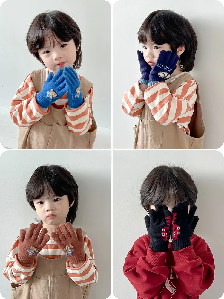 New Children Winter Knitting Football Bear Plush Soft Five Finger Gloves Baby Boys Outdoor Warm Gloves Kids Colors
