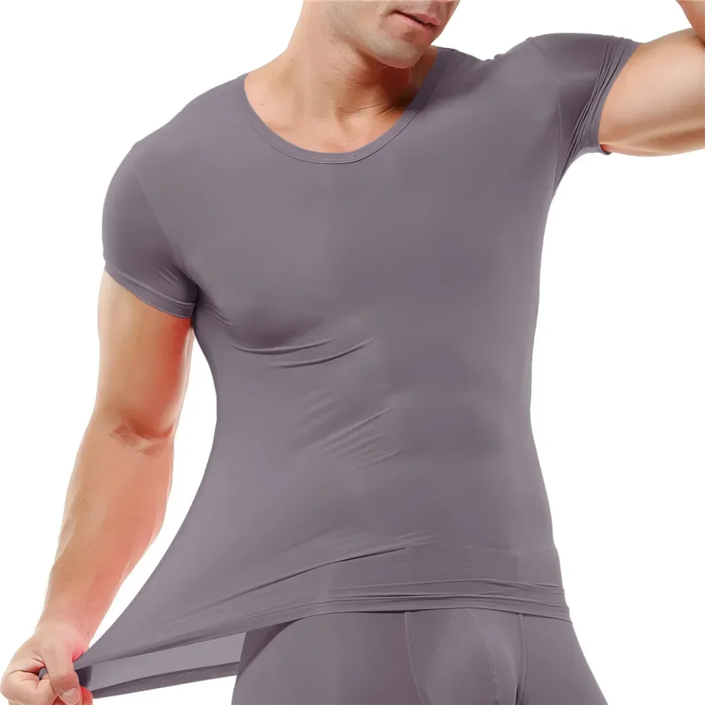 Sexy Solid Color Mens Undershirts Ice Silk Casual T Shirts Male Short Sleeve Basic T-shirts Breathable Tees Tops Home Underwear