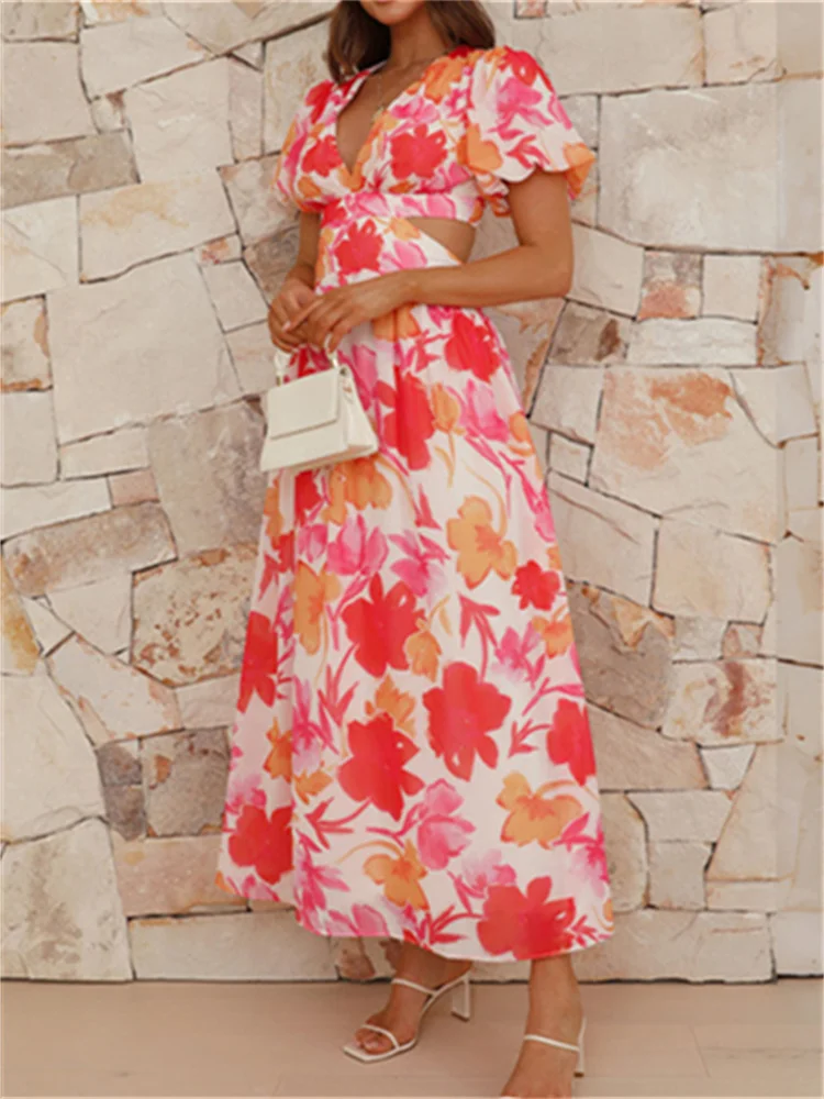 

Женское длинное платье с цветочным принтом, открытой спиной и коротким рукавом