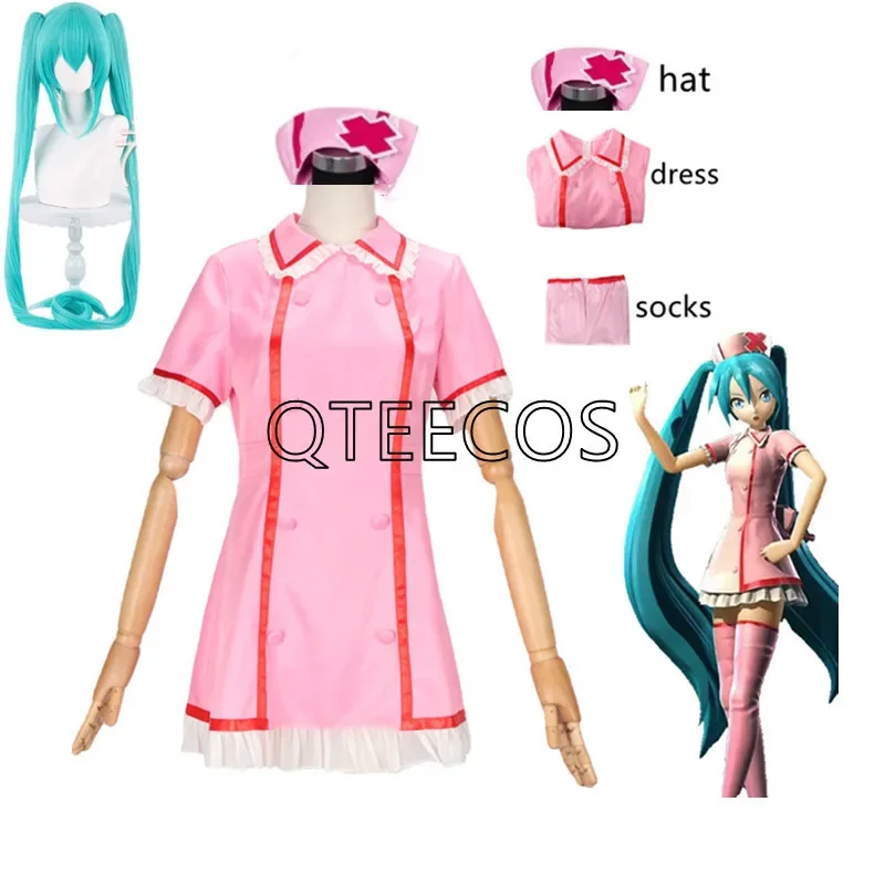 

Anime Vocaloid Miku cosplay pink nurse dress women girls uniform with hat socks Halloween party cosplay costume