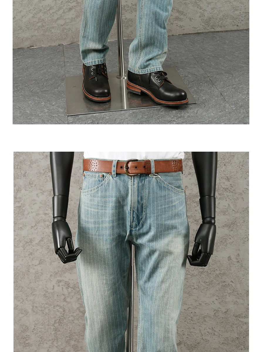 Description Picture 6 of itemHigh Quality Ameikaji Spring New American Retro Striped Jeans Men's Straight Washed Dyed Distressed Overalls