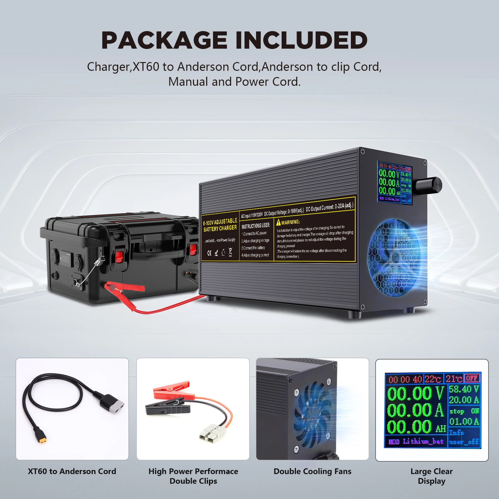 Adjustable 60V 40A and 100V 20A LiFePO4 battery charger showing the digital display screen