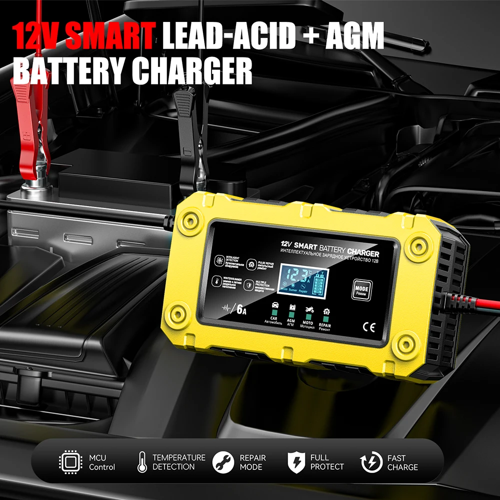FOXSUR Neue Auto Batterie Ladegerät 12V 6A Touchscreen Puls Reparatur LCD Schnelle Power Lade Nass Trocken Blei säure Digitale LCD Display – Detail 1