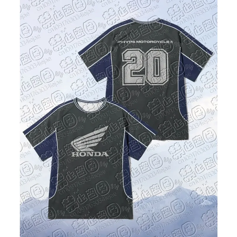 모토 혼다  20 축구 스타일 컬러 블록 저지 레드 레이싱 셔츠 반팔 바이커 스트리트웨어 모토 티 트렌디 라이딩 기어 탑