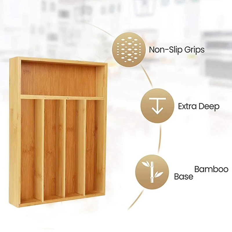 Bamboo Cutlery Silverware Tray Divider Storage Tray Rack Storage Box 5 Compartment Tray Kitchen Drawer Storage Rack 3