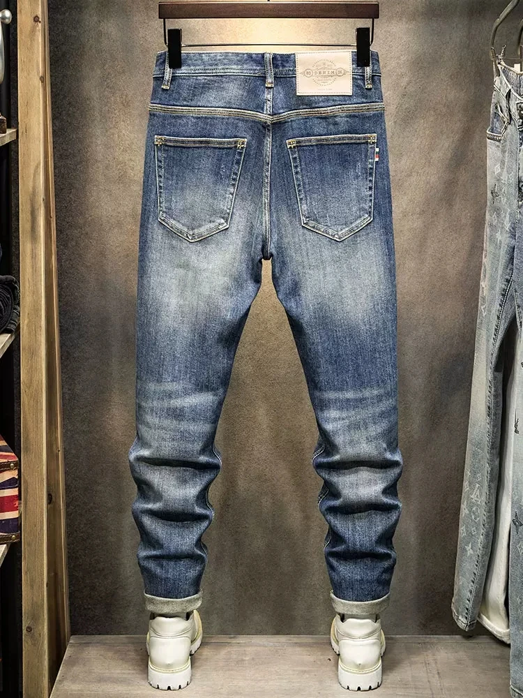 Newly Designer Fashion Men Jeans Retro Blue Elastic Stretch Slim Vintage Jeans Men Straight Trousers Casual Denim Pants Hombre