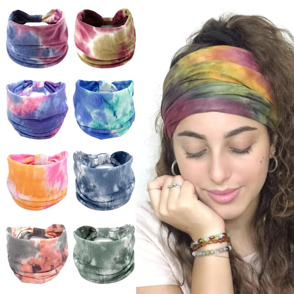 Sports Headbands Tie Dye Wide Knotted Headbands Women Vintage Turban Headwrap Girls Yoga Hair Bands Elastic Bandanas Headscarf