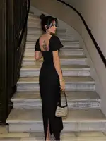 New Women's Short  Sleevel Square Neck Diamonds Bandage Dress Floor Length Bodycon Fashion Celebrity Party Maxi Dress - Image 2
