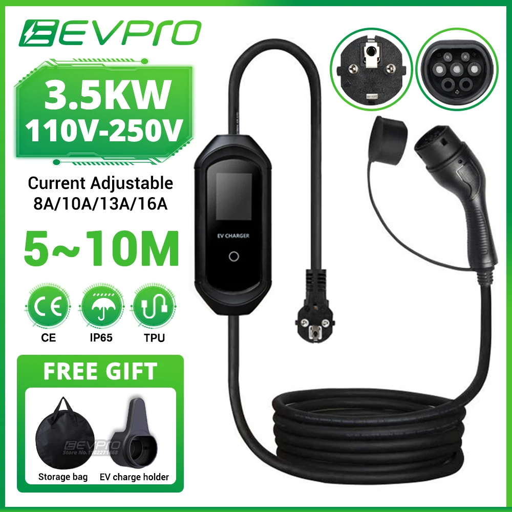 

EVPRO 32A Portable Charger IEC62196 Switch 1 Phase 5M Charging Cable Type2 Plug Controller Wallbox for Electric Car