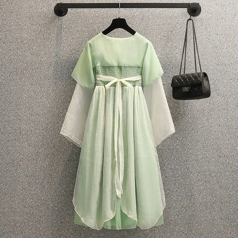2023 Spring New Fashion Chinese Style Traditional Embroidery Long Sleeve Dresses Green Modern Hanfu Chiffon Dress M-4XL