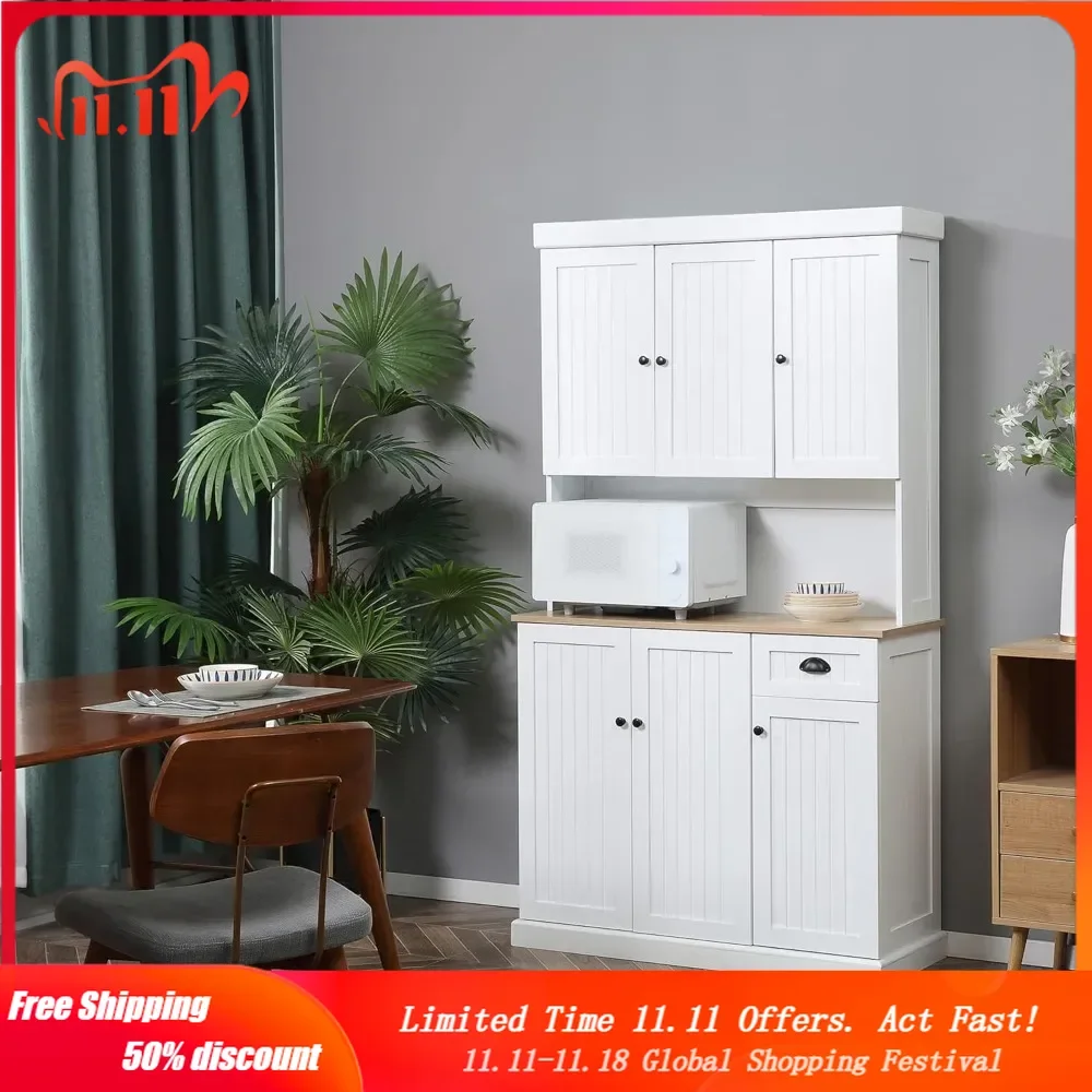 71" Buffet with Hutch, Modern Farmhouse Kitchen Pantry Storage Cabinet with Microwave Oven Countertop, Drawer