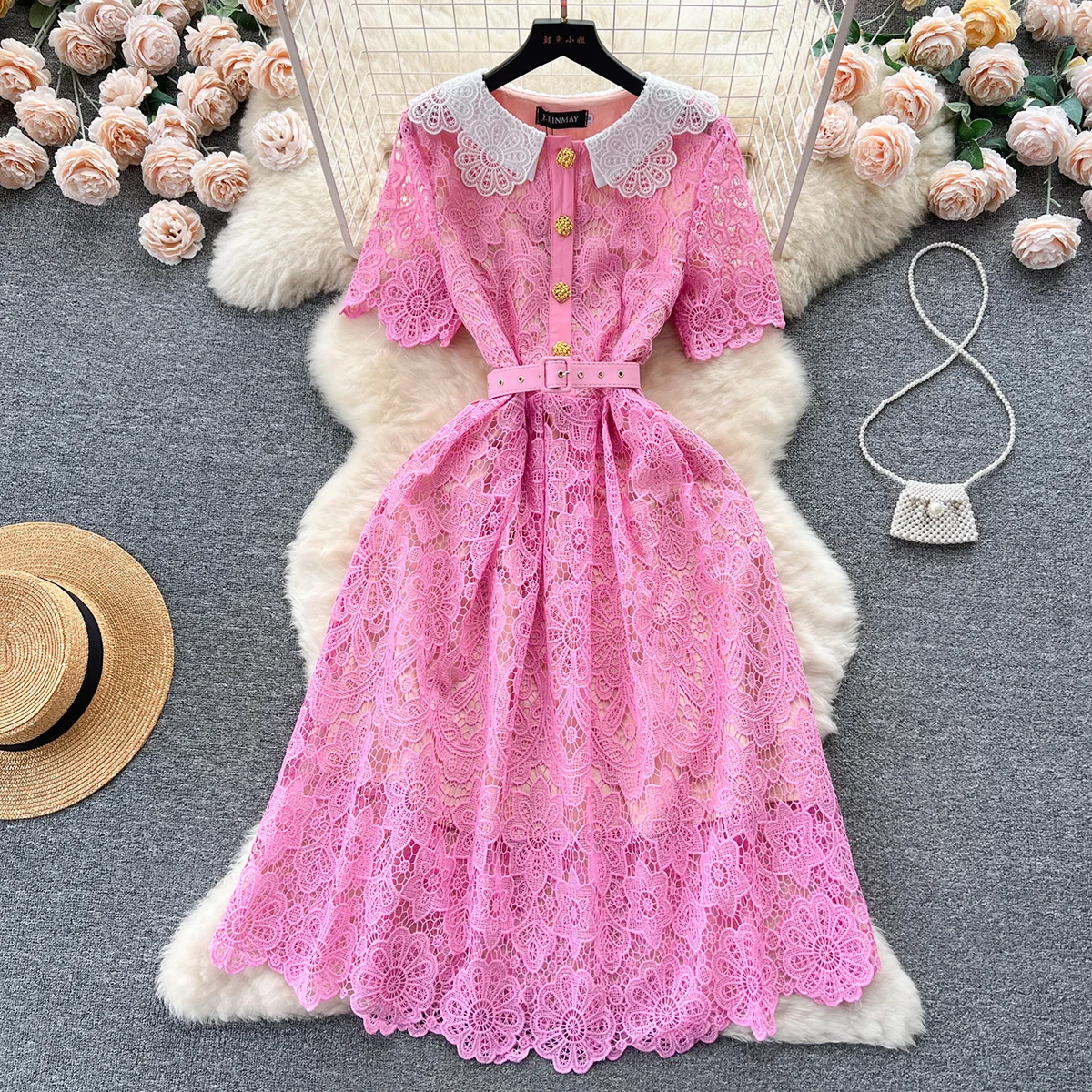 

Summer Clothes For Women Dresses 2023 Peter Pan Collar Cutwork Embroidery Lace Dress Short Sleeve Elegant Midi Dress With Belt