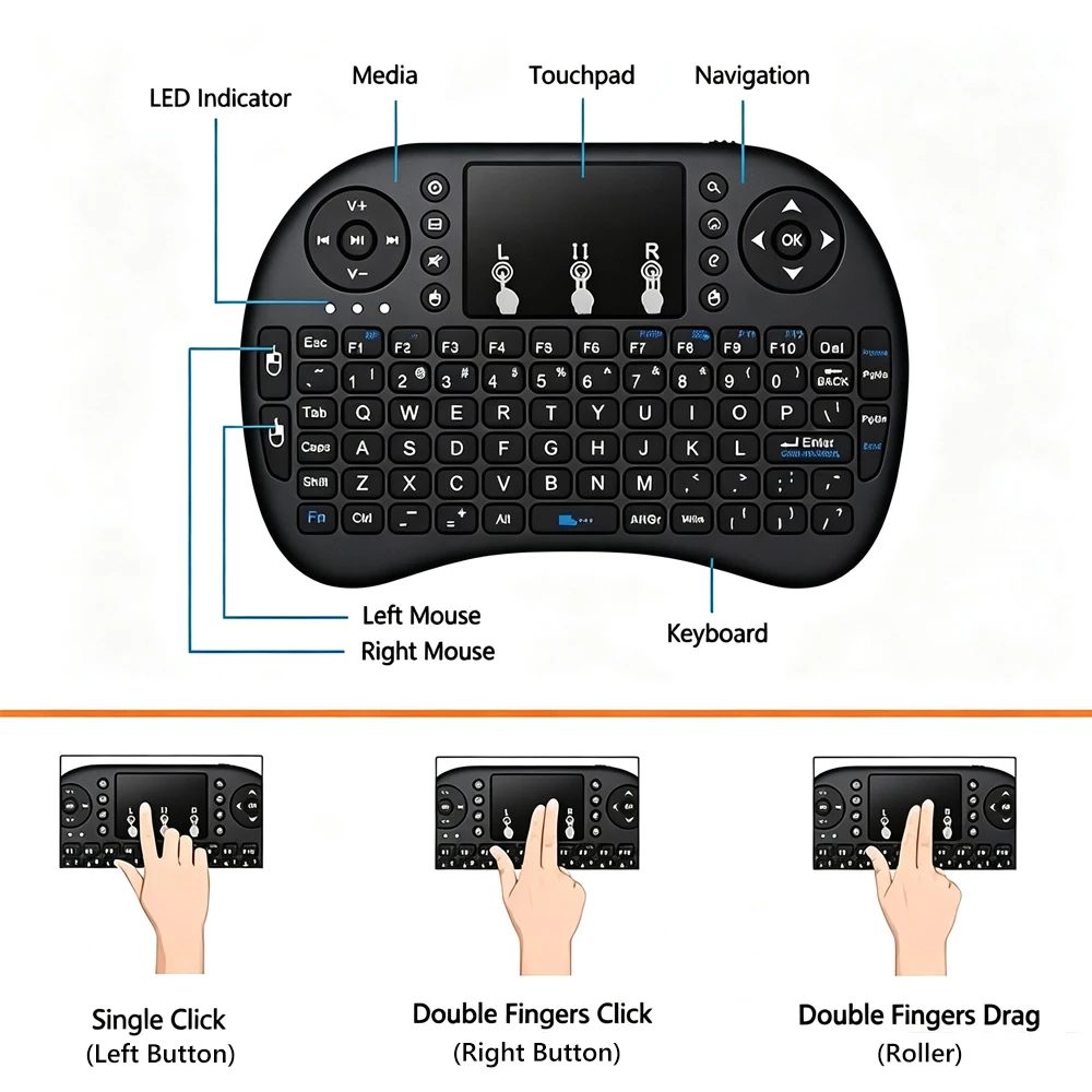 Wireless Air Mouse Keyboard with Touchpad - Compact Remote Control