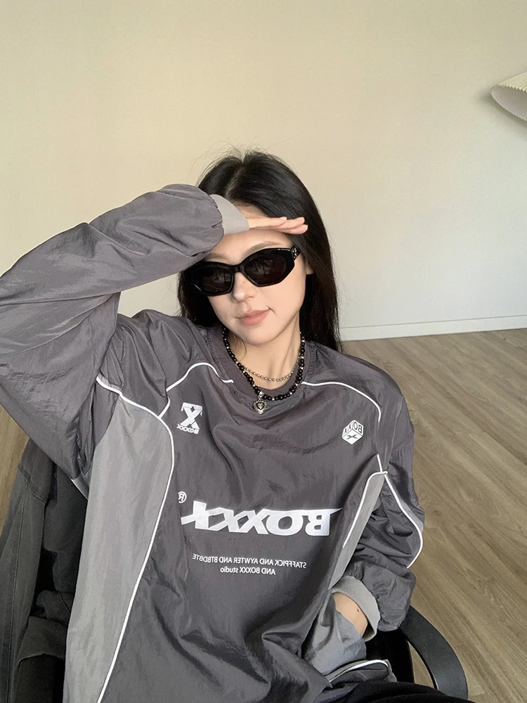 용수철 크루넥 맨투맨 남녀공용 아메리칸 패치워크 헐렁한 야구 점퍼, 야외 스포츠, 속건성 긴팔 상의, 2024