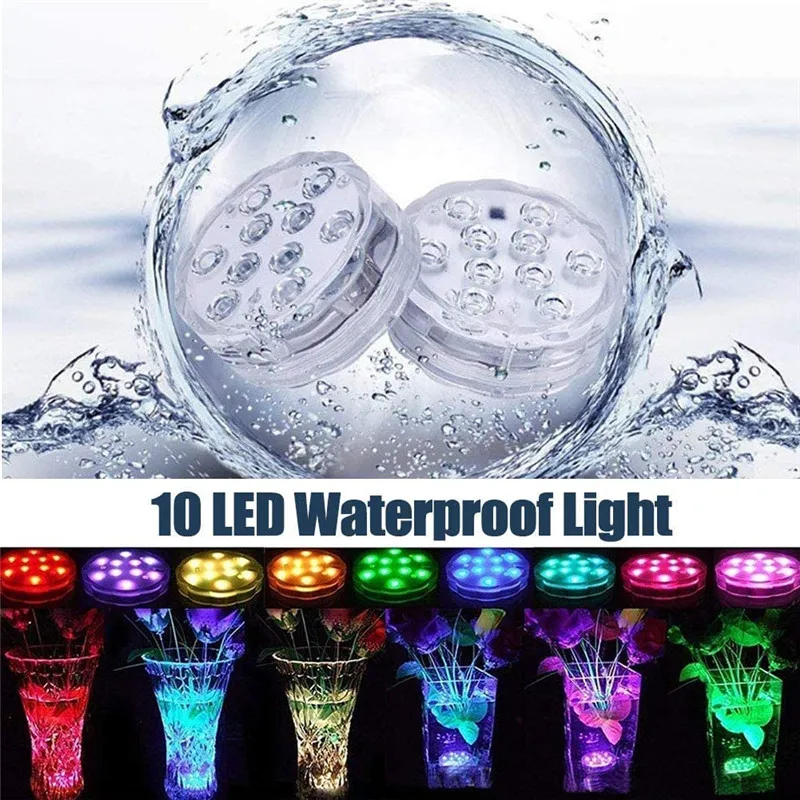 10leds RGB Submersible Light Underwater Night Lamp Battery Operated Garden Swimming Pool Light for Wedding Party Vase Bowl
