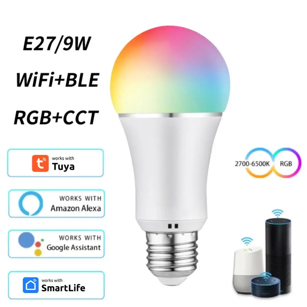 

Умная Светодиодная лампа Tuya Wi-Fi + BLE RGB + CCT 9 Вт E27, светодиодная лампа для дома, спальни, яркое украшение, умный пульт дистанционного управления
