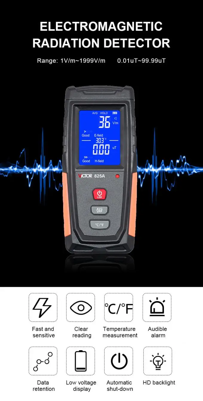 825A Electromagnetic Radiation Tester Handheld Digital LCD EMF Meter 4G 5G WIFi