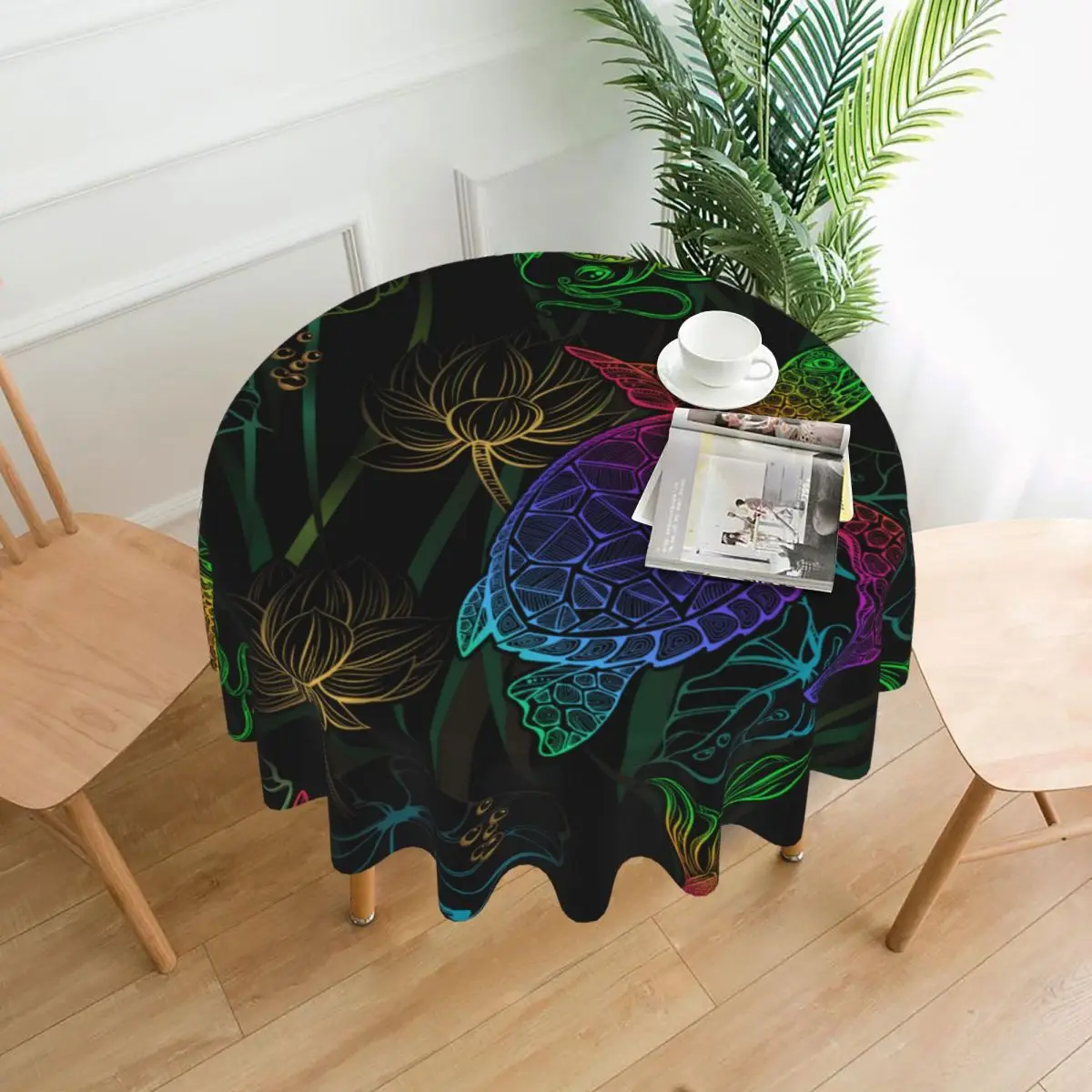 

Colorful Koi Carps Lotus And Sea Turtle Decorative Tablecloth Thick Round Party Dining Table Cover Tea Table Cloth