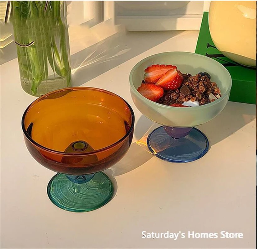 Clorful Glass Goblet Fru Ice Cream Dessert Bowl Clorful Transparent Mug Fruit Salad Borosilicate Glass Bowl Heat Resistant