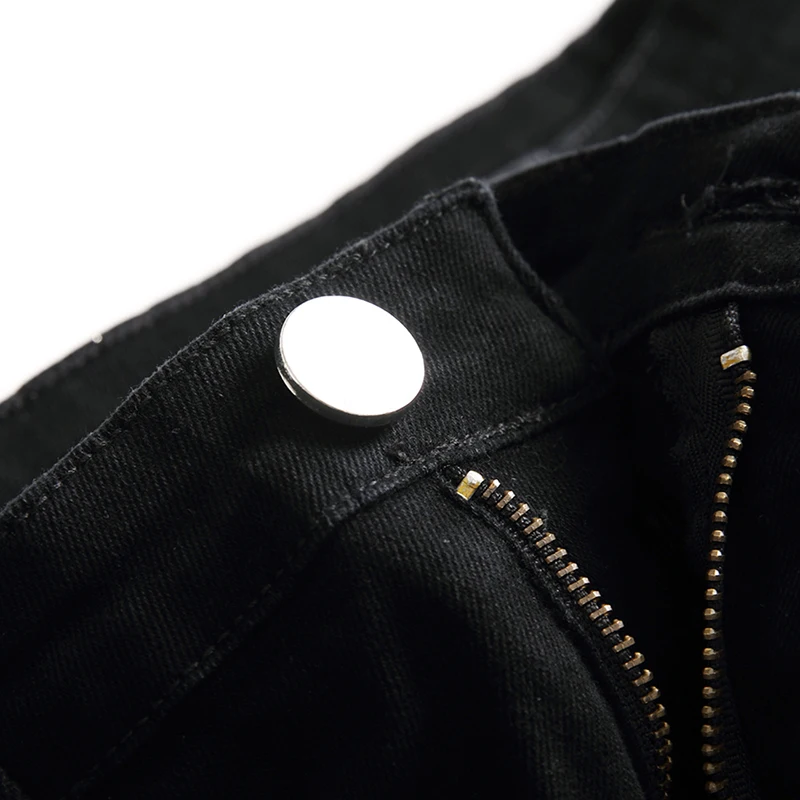 Denim Jeans Hole Design Fashion Lacquer Foot Casual Pants Stretch Regular Fit Black Long Hip Hop Men's Four Season Plus Size