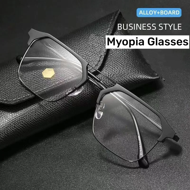 

Men's Business Half Frame Finished Myopia Glasses Luxury Minus Diopter Prescription Eyewear Trendy Short Sighted Eyeglasses