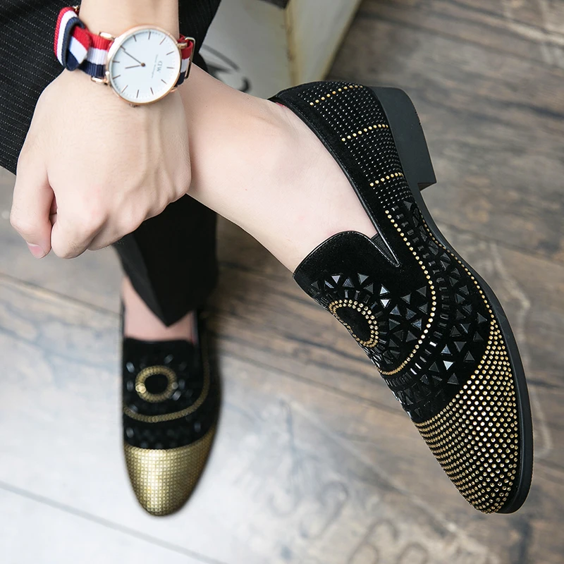 Brand Noble Black Rhinestone Men Dress Shoes Velvet Crystal Luxury Moccasins Mens Loafers Office Business Party Man casual Shoes 2