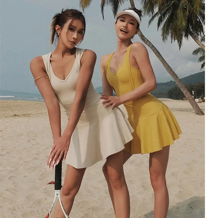 Tennis Dress Female Sleeveless Sport Suits Training Running Fitness Short Skorts Golf Badminton Tracksuits Padded Yoga Skirts