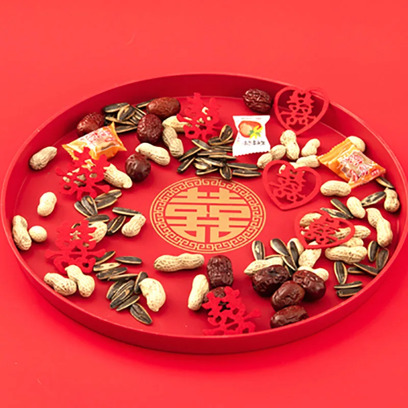 Chinese Red Plastic Oblong Round Toast Tray Hotel Wedding Party Tea Trays to Serve Food Festive Display Ceremony Decoration