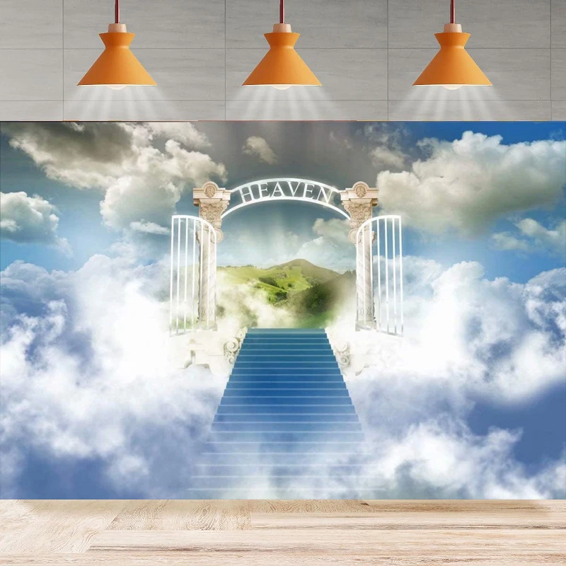 사진 배경 파라다이스 게이트 하늘 구름 계단 천국 베이비 샤워, 하늘 생일 파티 배경, 벽 배너 