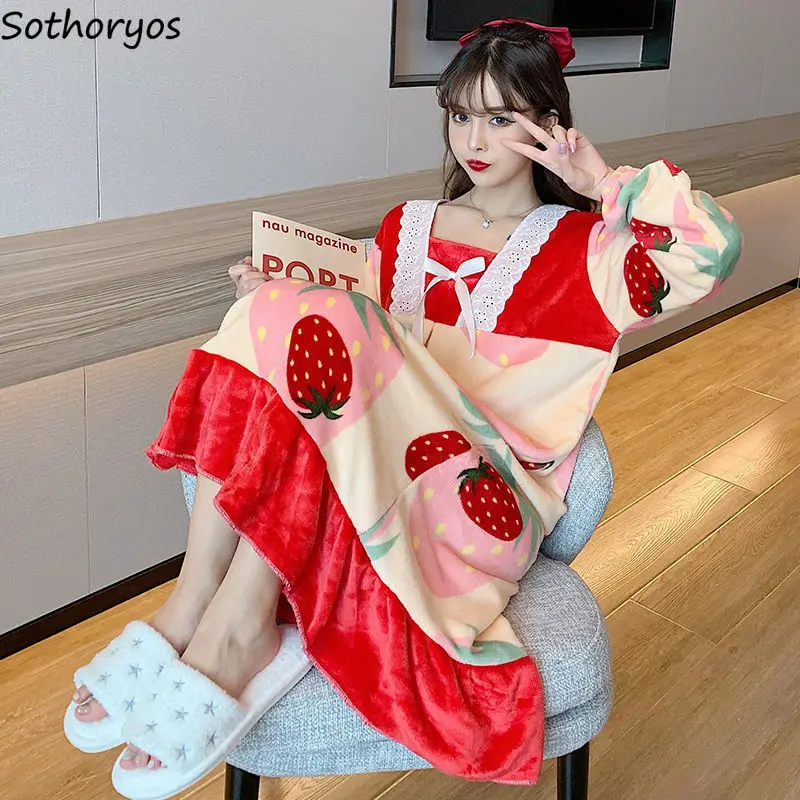 

Nightgowns Women Square Collar Students Colorful Printed Princess Ruffles Design Pretty Gentle Soft Velvet Winter Sleepwear Girl