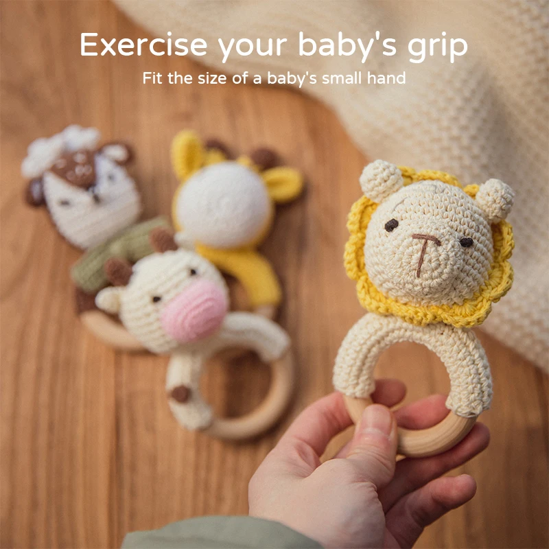 1pc Baby Rattles Crochet Bunny Rattle Toy Wood Ring Baby Teether Rodent Gym Mobile Rattles Newborn Educational Toys baby toys,ball rattle toy,hanging rattles toy,baby rattle toys,plush rattle toy