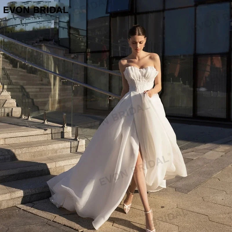 

EVON Elegant Strapless Sleeveless A-Line Wedding Dresses For Women 2024 Backless Pleat Slit Simple Bridal Gown Vestido De Novia