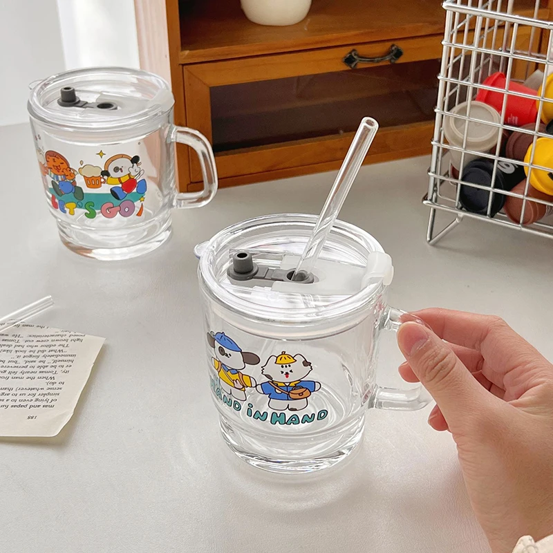 300ml Cartoon Creative Glass Cup With Straw Lids Clear Milk Kawaii Boba  Bear Original Coffee Juice Water Cups for Girl - AliExpress