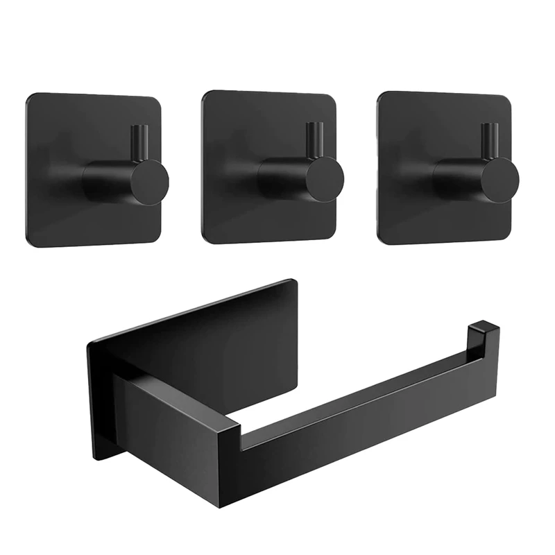 

1 Set No Drilling Toilet Paper Holder Self-Adhesive Stainless Steel Toilet Roll Holder 3 Towel Hooks