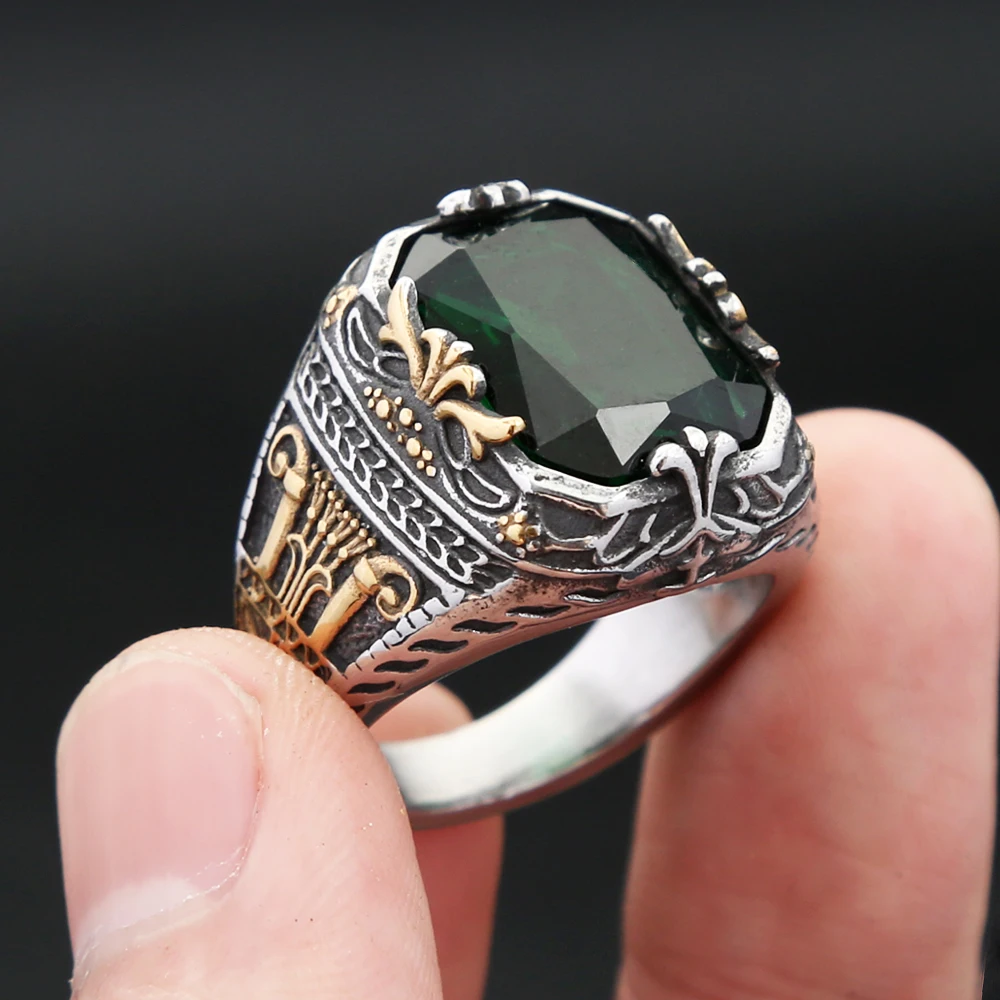 

New Punk 316L Stainless Steel Turkish Signet Rings For Men Women Fashion Hip Hop Green Stone Ring Party Luxury Jewelry Wholesale