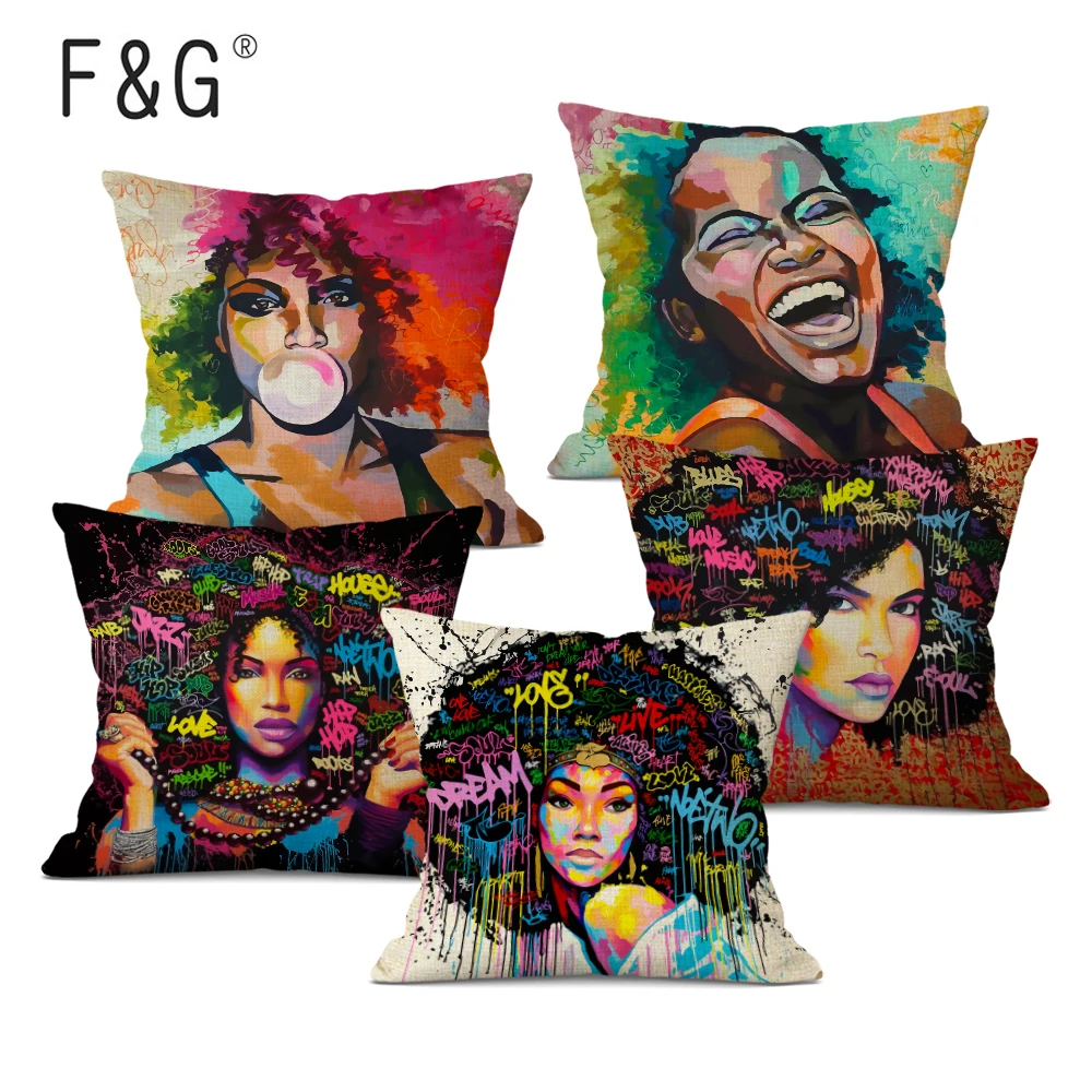 

African American Art Cushion Cover Contemporary African Girl Decorative Pillowcase 45X45CM Linen Pillows Cover for Home Decor