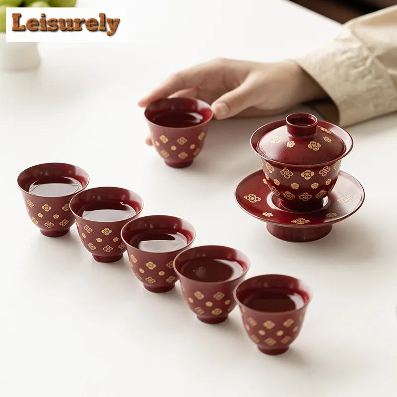 Ruby Red Treasure Flower Tea Set Complete Set Japanese Tea Ceremony Set Household Teapot And Tea Cup Set Drinkware Ornaments