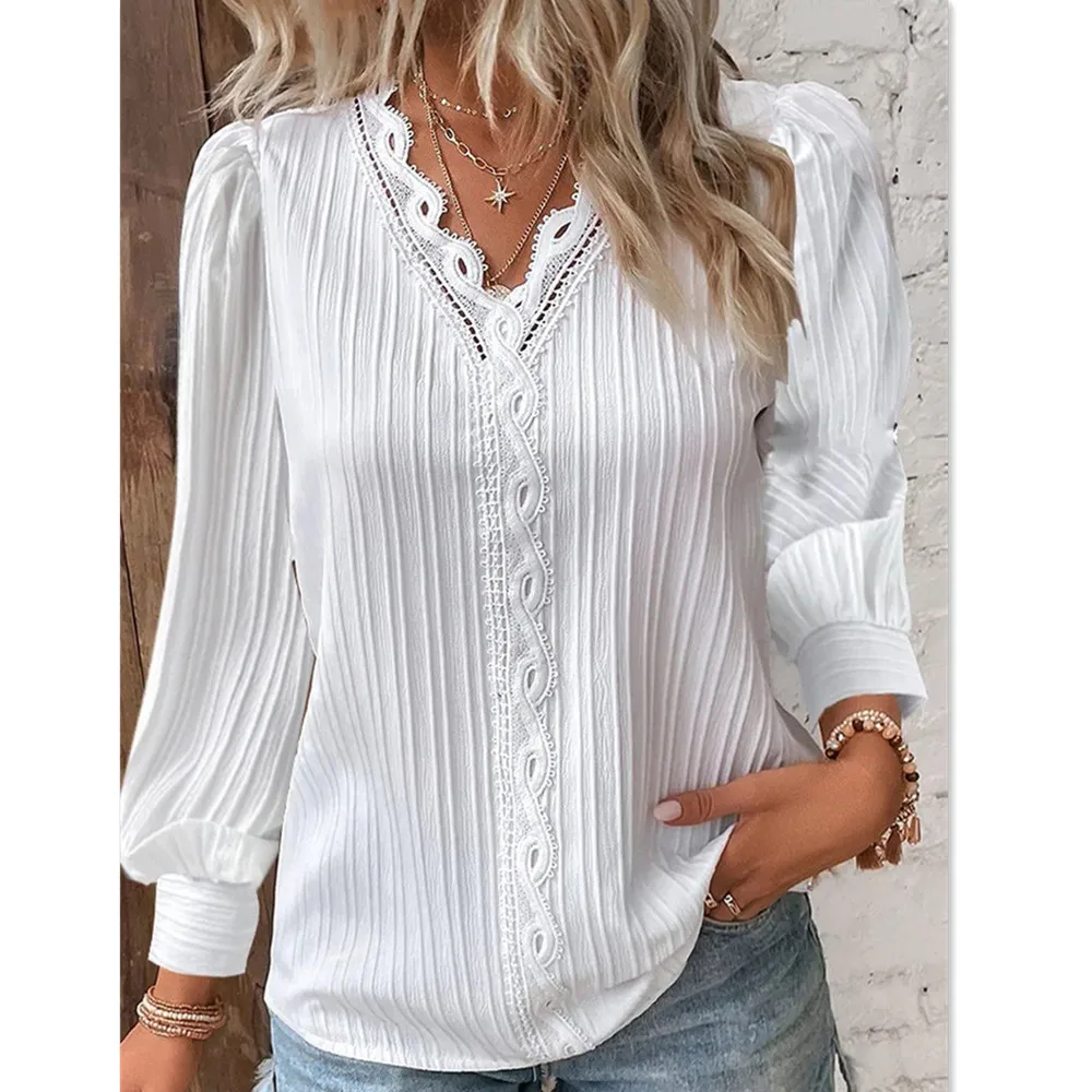 

Autumn Long Sleeved V-neck Lace Tops Shirt Women Casual White Chiffon Blouse Office Blusas Femininas Elegantes Estilo Coreano