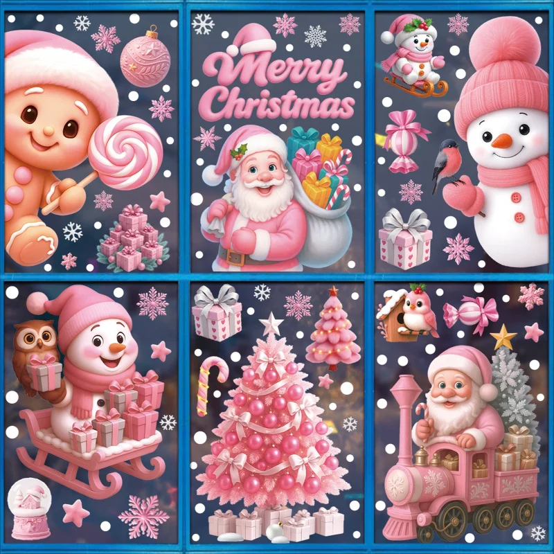 Pink Christmas Mirror Stickers Cartoon Gingerbread Man Sowman Santa Glass Window Stickers Merry Christmas Happy New Year Decor