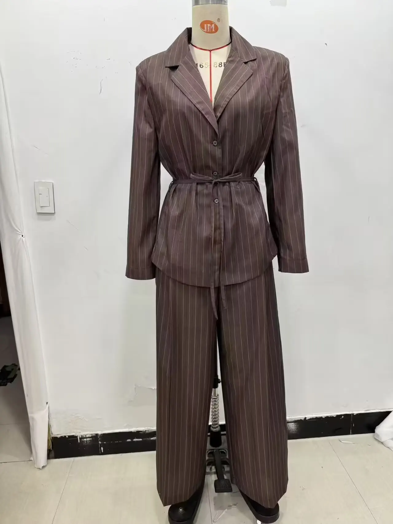 KONDALA Chic Stipe Fashion 2025 Office Lady Woman Suits Lace Button Sashes Blazer+Zipper Folds Pockets Pants Elegant Female Sets 2