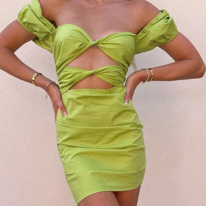 

Women Sexy Hollow One-Shoulder Bodycon Dress Elegant Off Shoulder Cutout Pleated Chest Short Sleeve Slim Fit Hip Short Dress