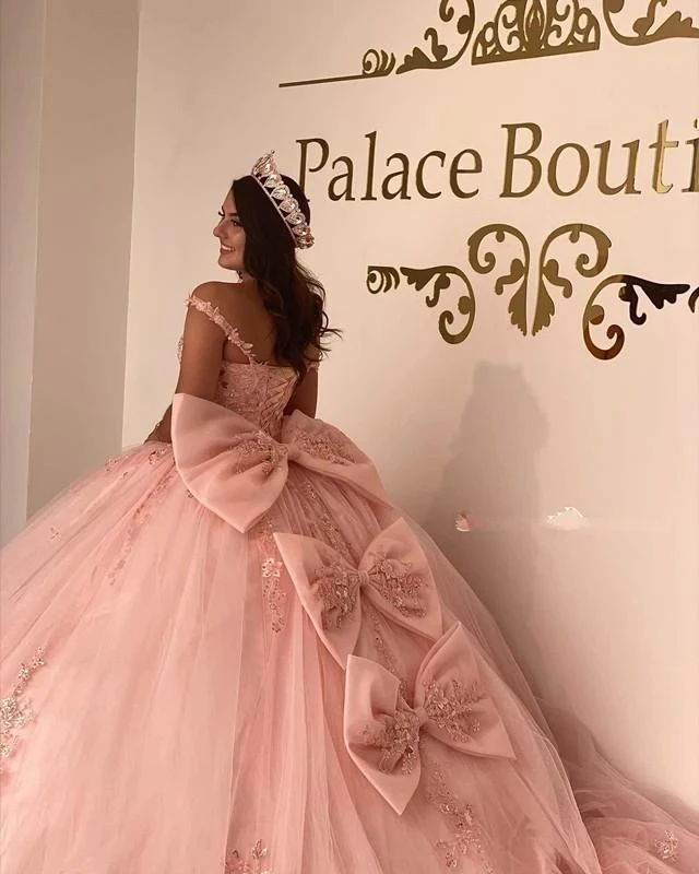 Quinceanera Dresses ANGELSBRIDEP Pink Bow Quinceanera Dresses Off Shoulder Floral Beading Lace Vestidos De 15 Anos Formal Party Prom Dresses Corset