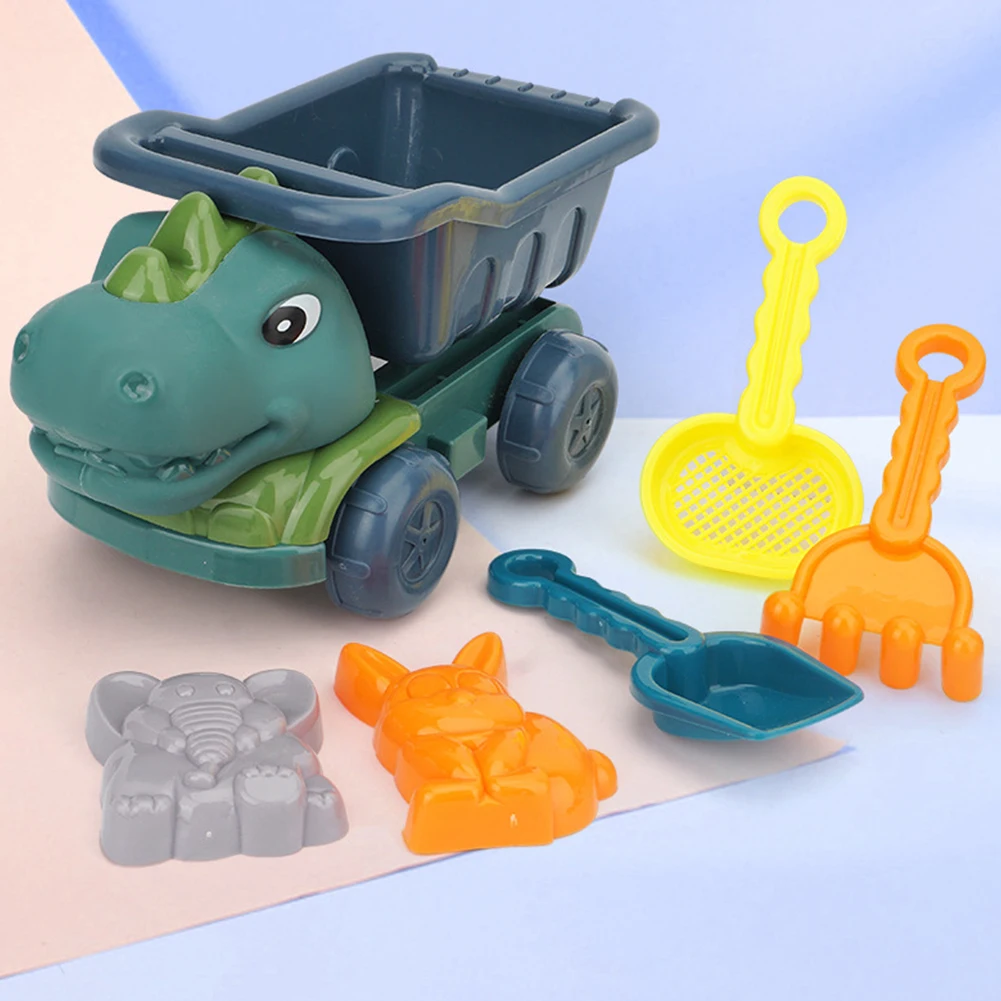 6Pcs Dinosaur Summer Beach Toys with Dump Truck Sand Molds Shovel Set Sand Toys Sandbox Toys for Toddlers Kids Boys Girls 2