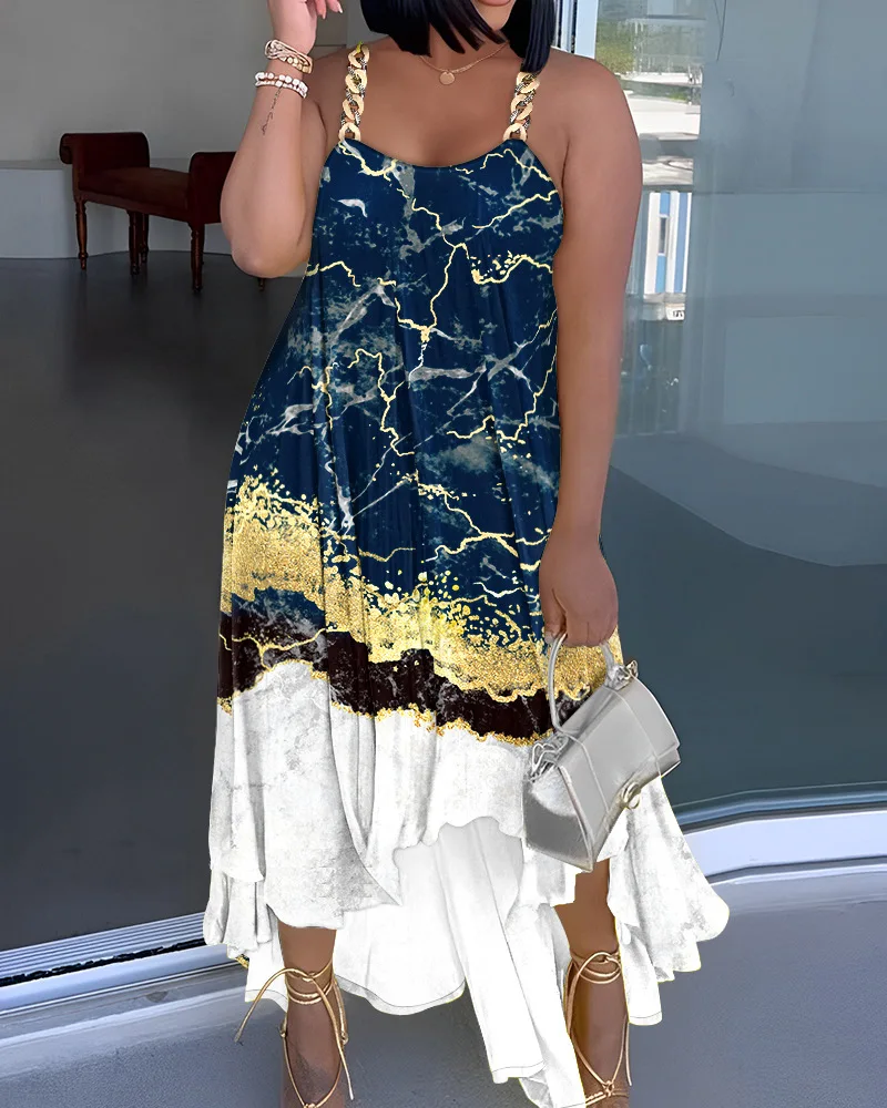 

Marble Print Colorblock Chain Strap Asymmetrical Casual Dress Women Sleeveless Summer Spring Dress Ruffles