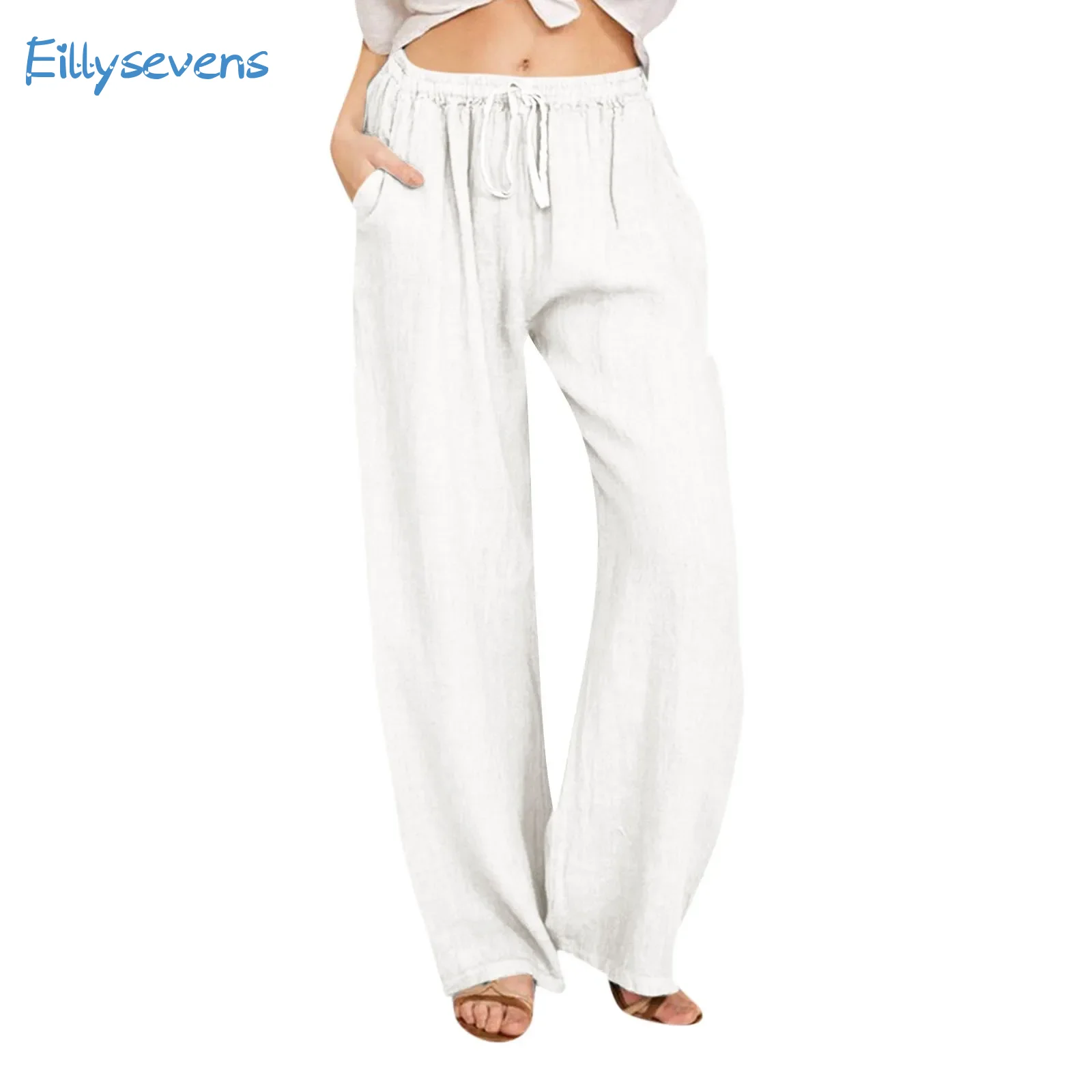 

Женские брюки из хлопка и льна, повседневные свободные прямые широкие брюки, однотонные длинные брюки со шнурком и эластичным поясом с карманами