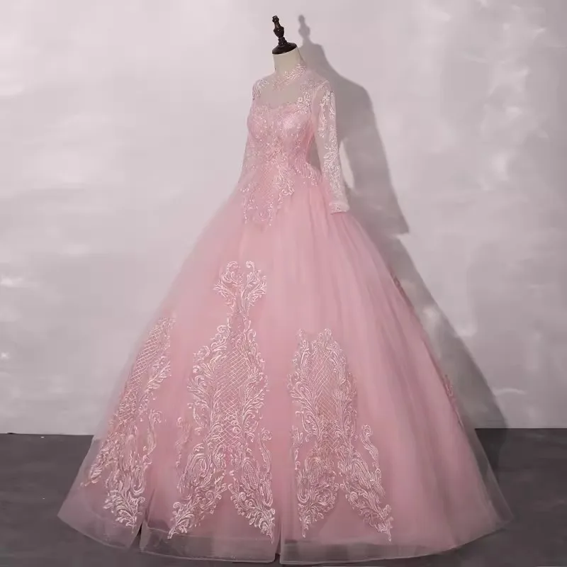 

Розовое вечернее платье для девочки на день рождения 16 лет, Бальное кружевное платье с высоким воротом, бальное платье, бальное платье для выпускного вечера 15
