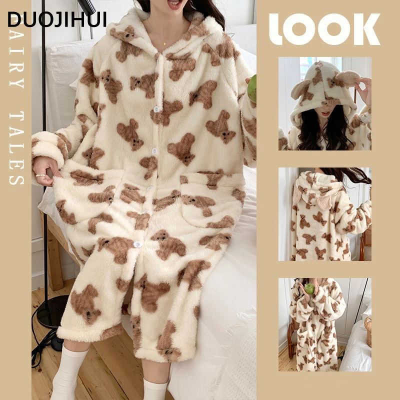 DUOJIHUI Winter Flannel Thick Warm Hooded Female Sleepwear Loose Chicly Printing Single Breasted Simple Fashion Robes for Women